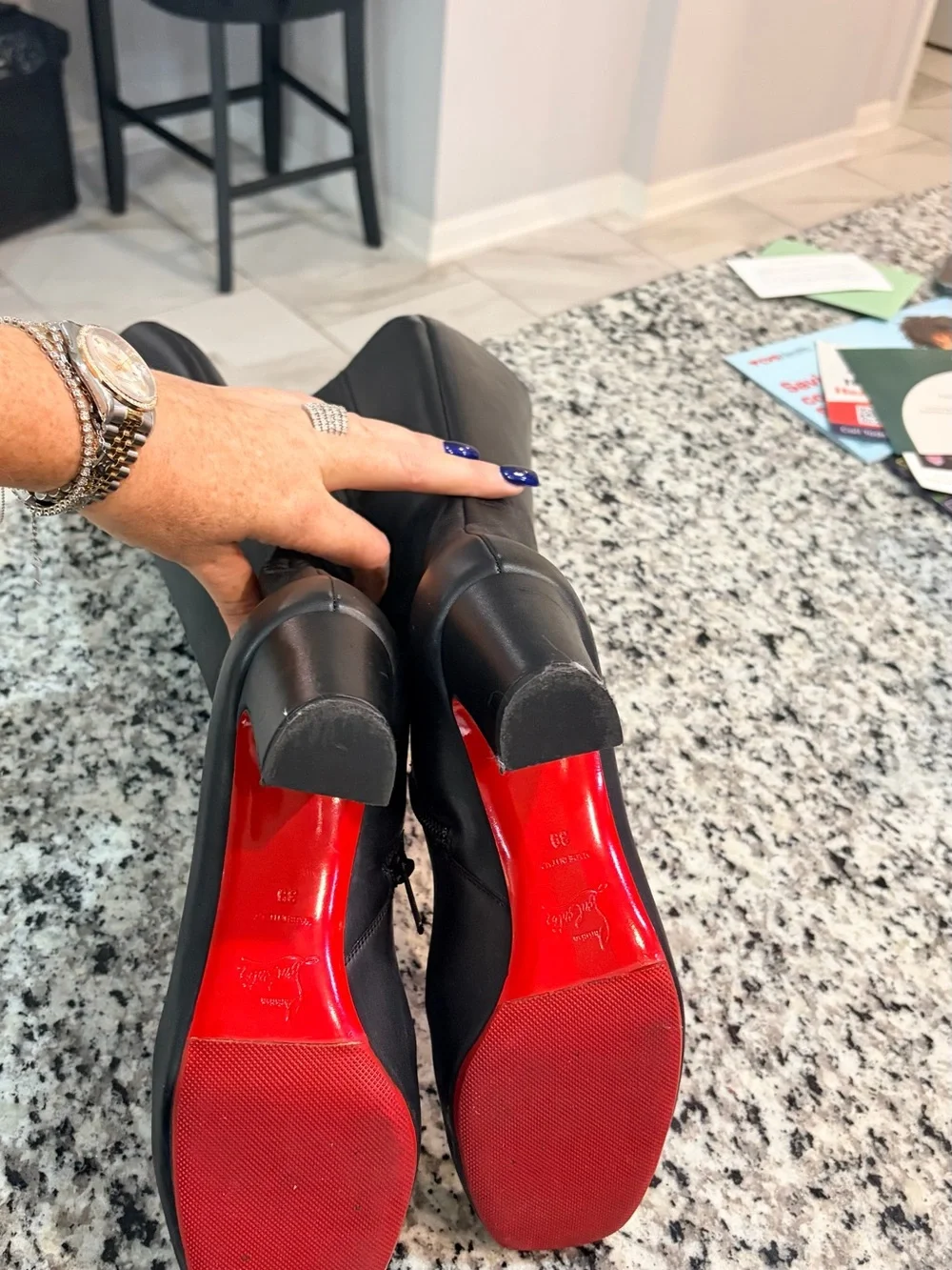 🤩❤️✨Christian Louboutin Red Bottoms Black Over-the-Knee Leather Boots
